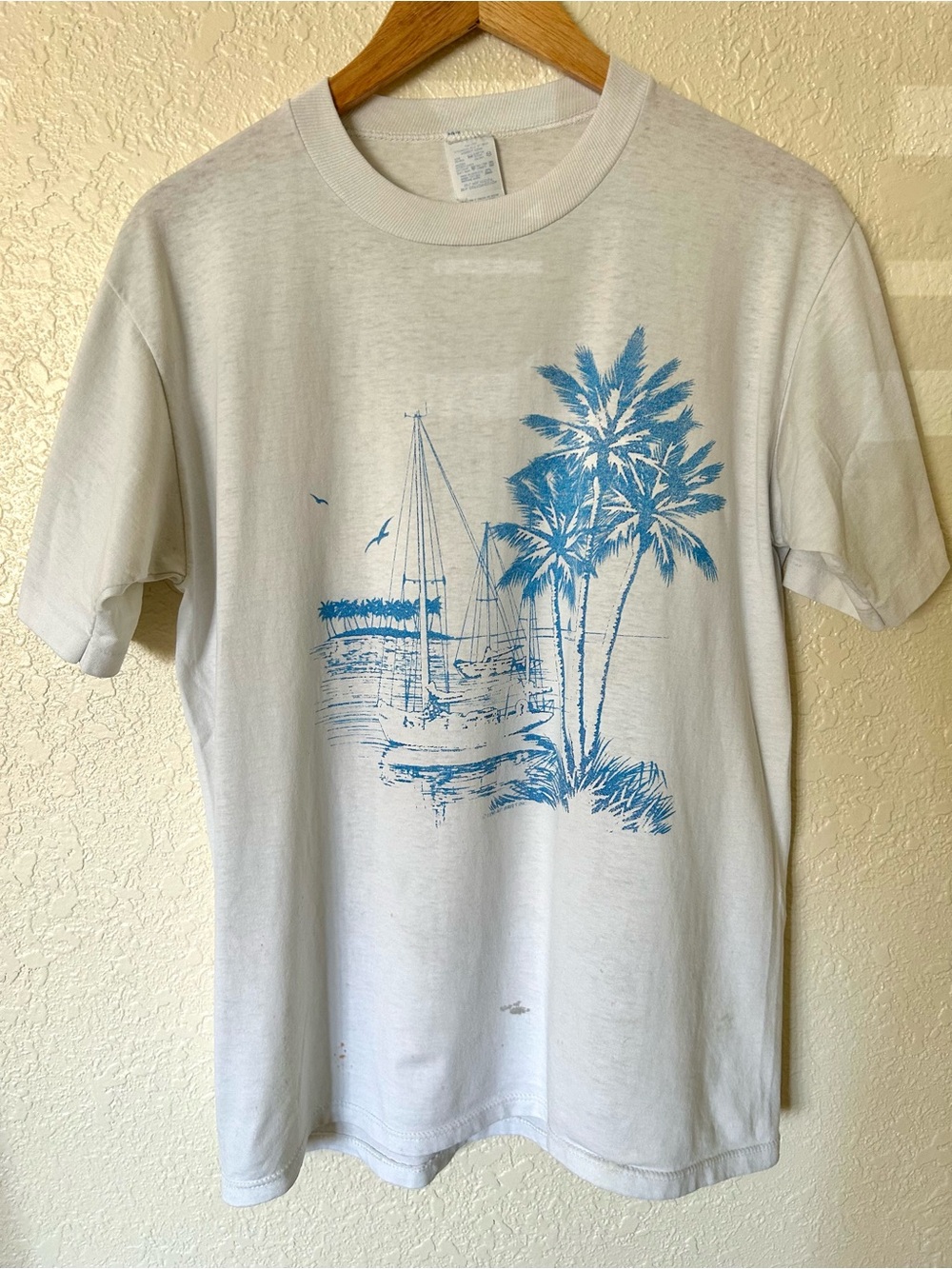 Vintage Palm & Sailboat Graphic Tee - Light Blue on White